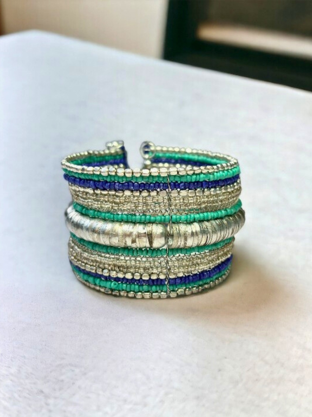 

VIVAZS Women Blue & Green Silver-Plated Afghan Beaded Cuff Bracelet