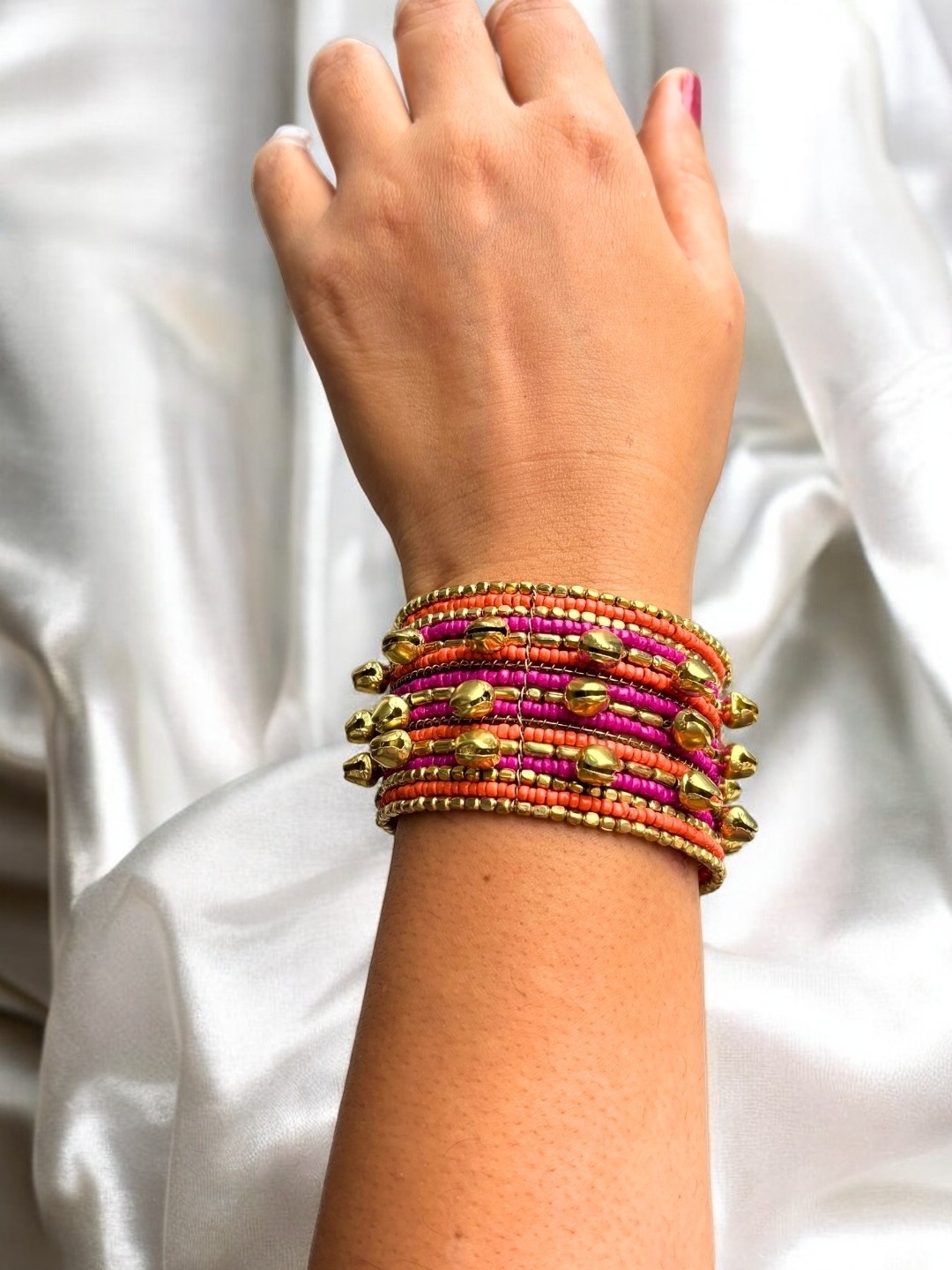 

VIVAZS Gold-Plated Pink & Orange German Gungroo Cuff Bracelet
