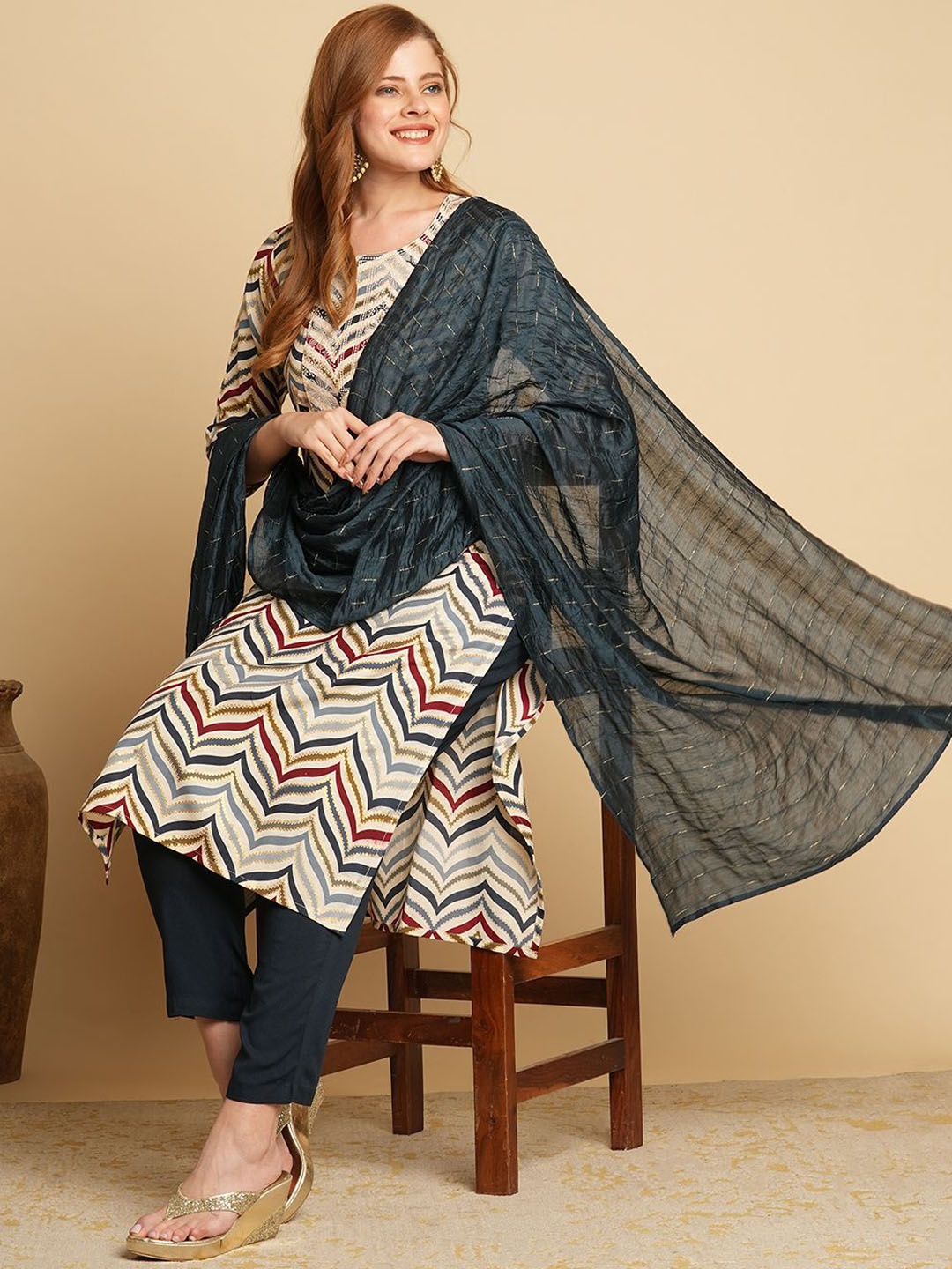 

Anni Designer Chevron Printed Straight Kurta With Trousers & Dupatta, Navy blue