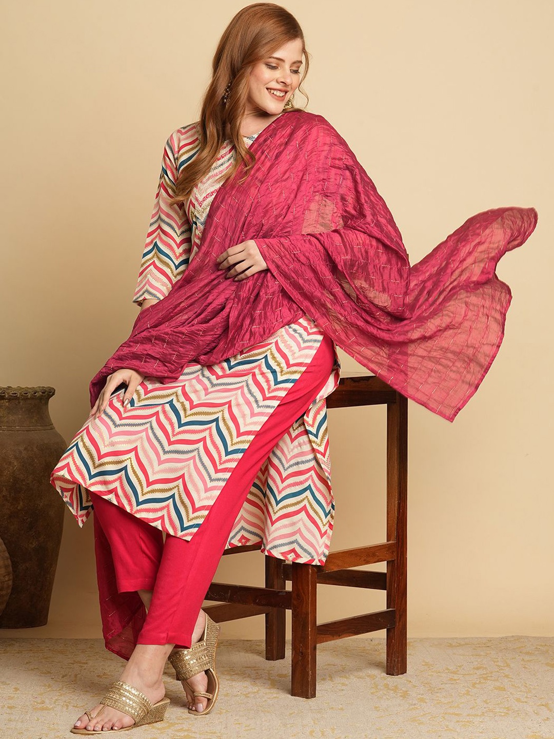 

Anni Designer Chevron Printed Straight Kurta With Trousers & Dupatta, Pink