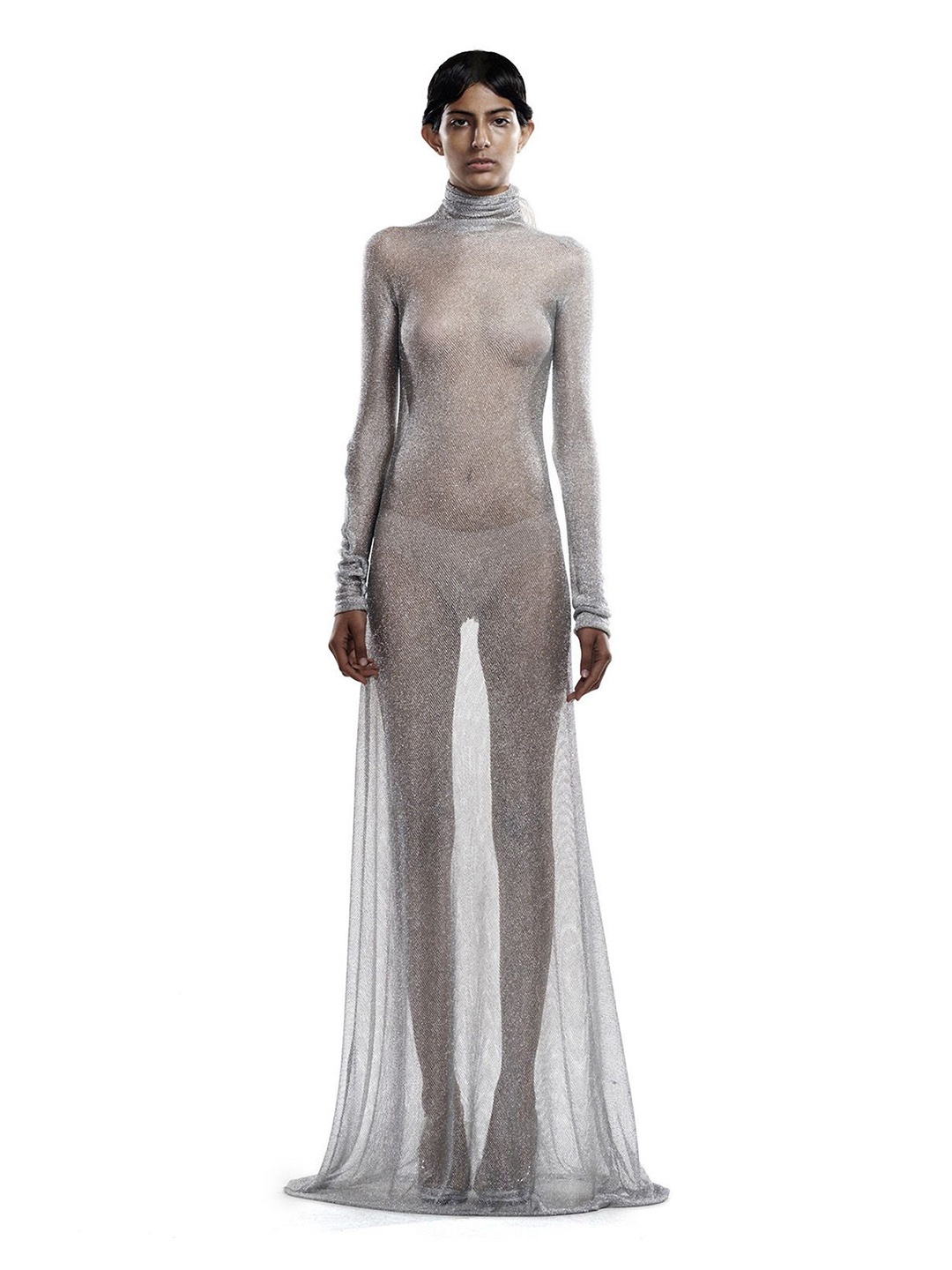 

BLONI High Neck Semi Sheer Maxi Dress, Silver