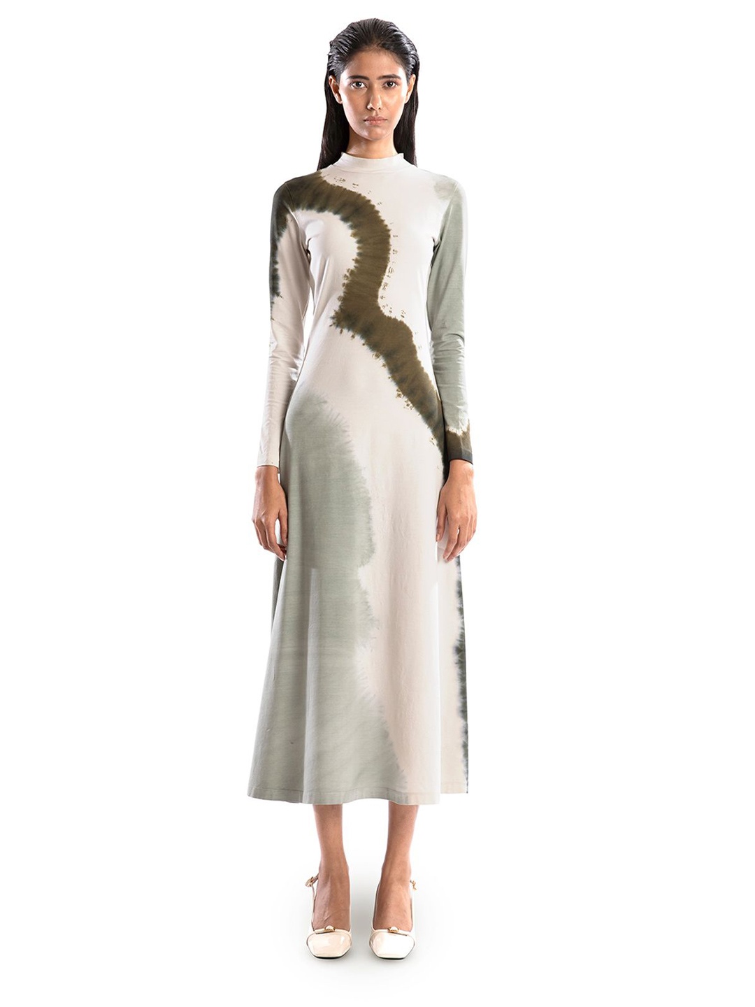 

BLONI Tie and Dye Dyed Long Sleeves A-Line Maxi Dress, White
