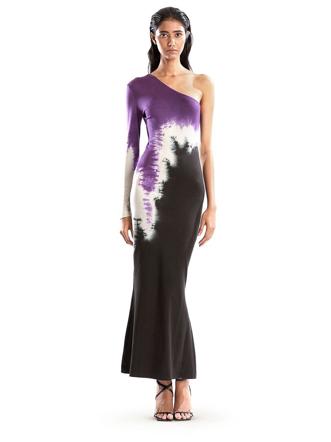 

BLONI Tie and Dye Print One Shoulder Maxi Dress, Black