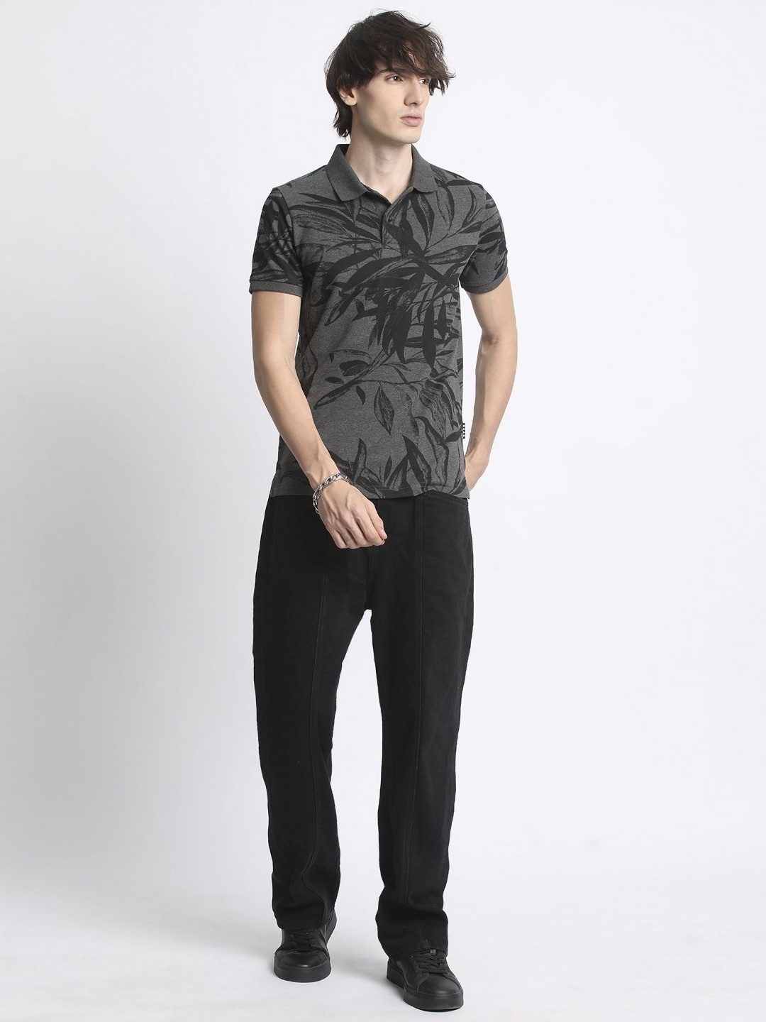 

THE BEAR HOUSE Tropical Printed Polo Collar Pure Cotton T-Shirt, Grey