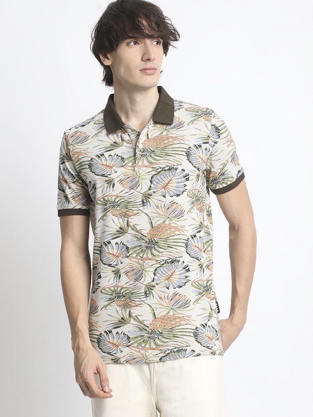 

THE BEAR HOUSE Tropical Printed Polo Collar Pure Cotton T-Shirt, Grey
