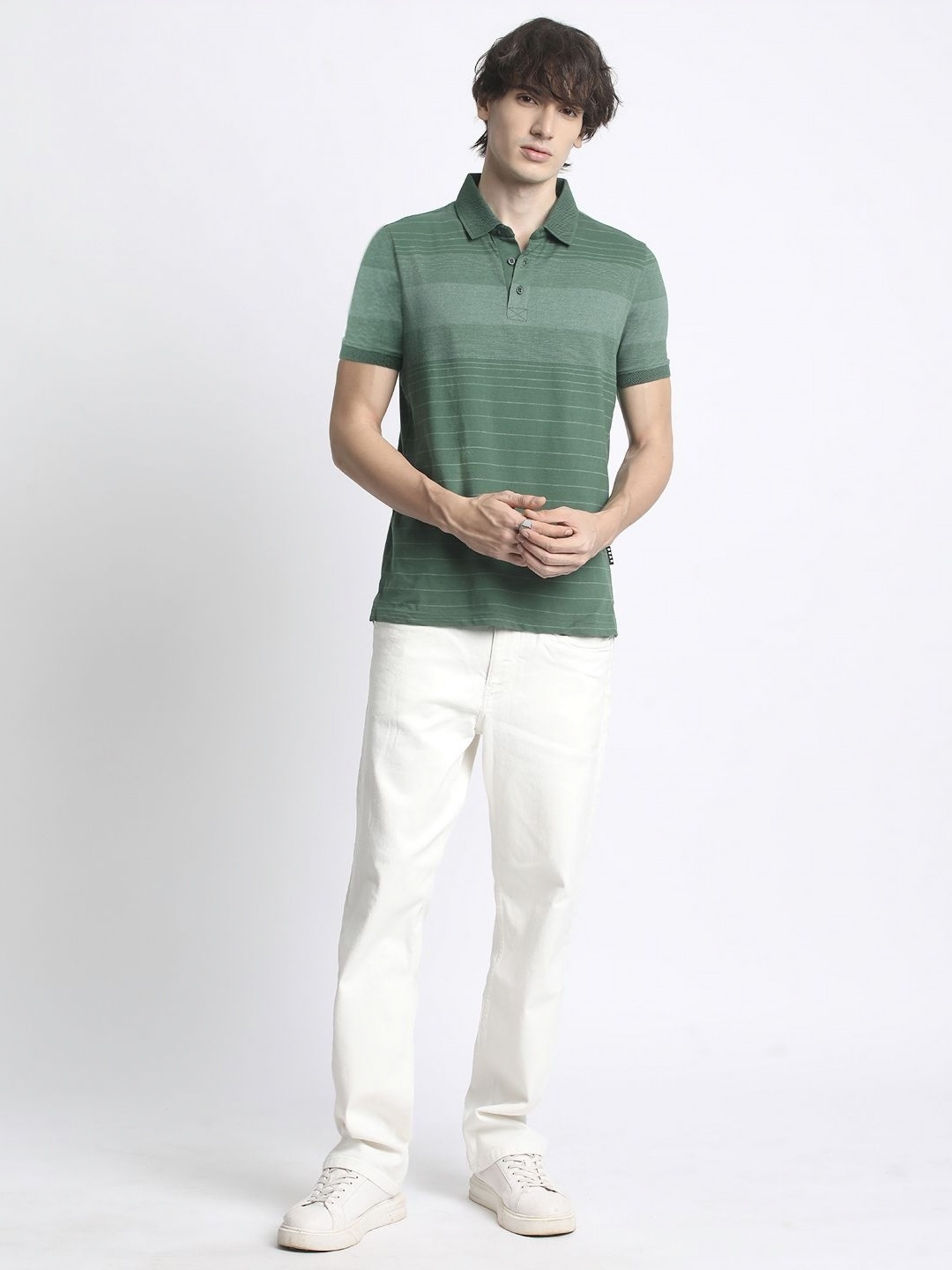 

THE BEAR HOUSE Men Striped Polo Collar Slim Fit T-shirt, Green