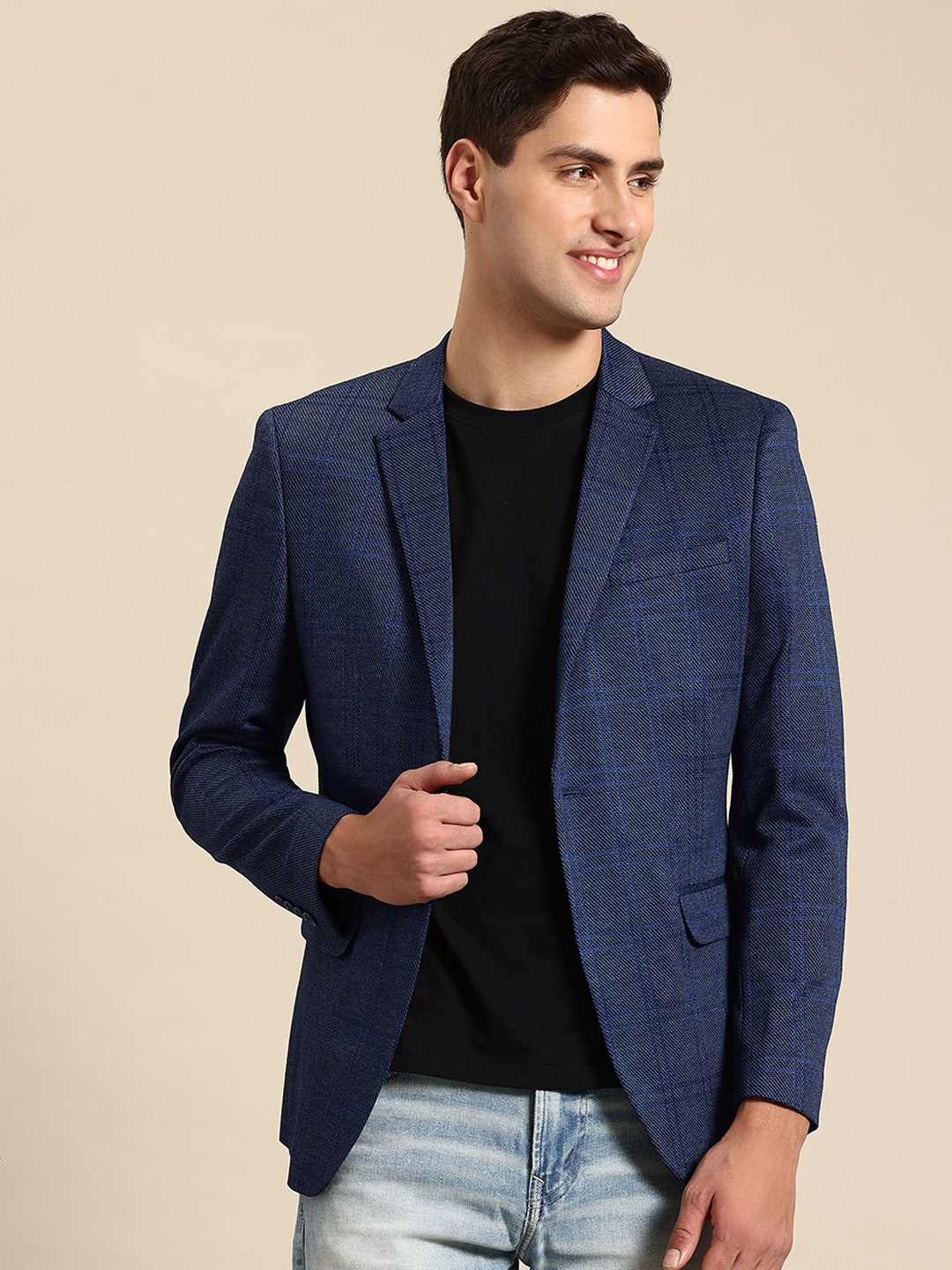 

Mast & Harbour Self-Checked Single-Breasted Blazer, Blue