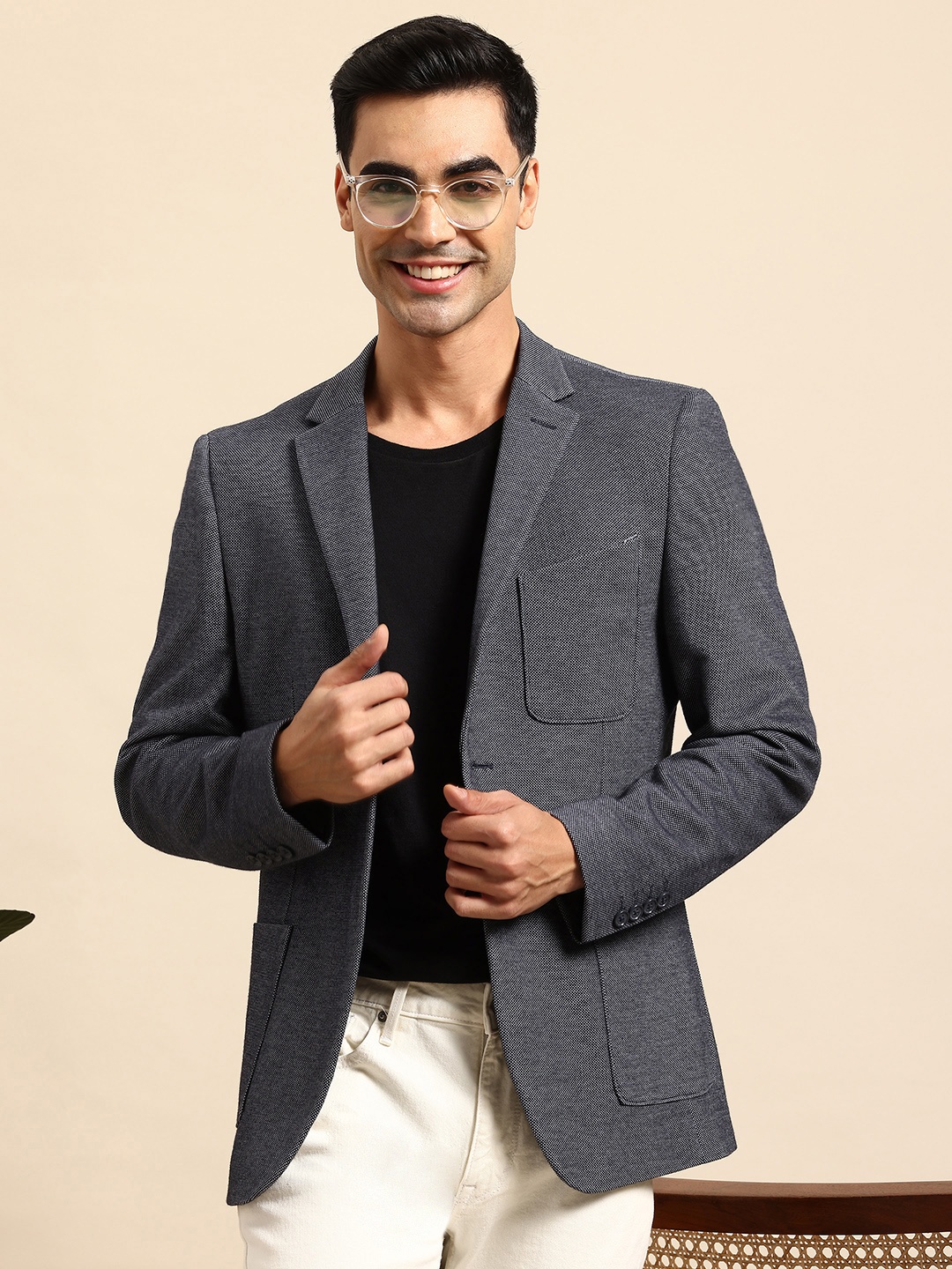 

Mast & Harbour Textured Single-Breasted Formal Blazer, Navy blue