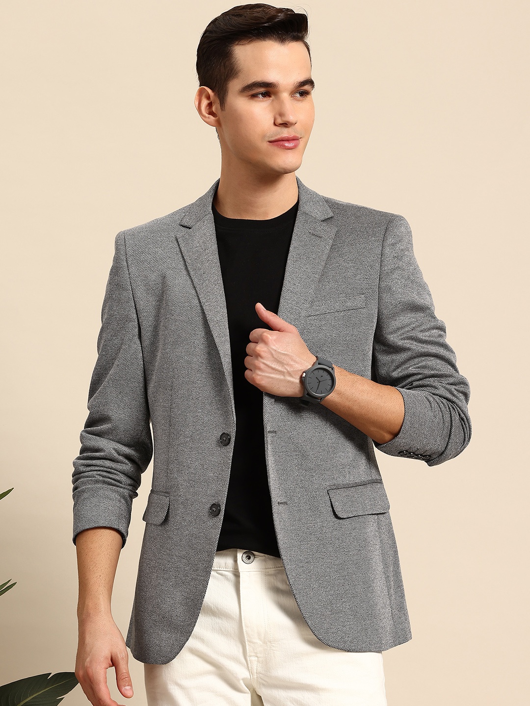 

Mast & Harbour Self-Design Single-Breasted Blazer, Grey