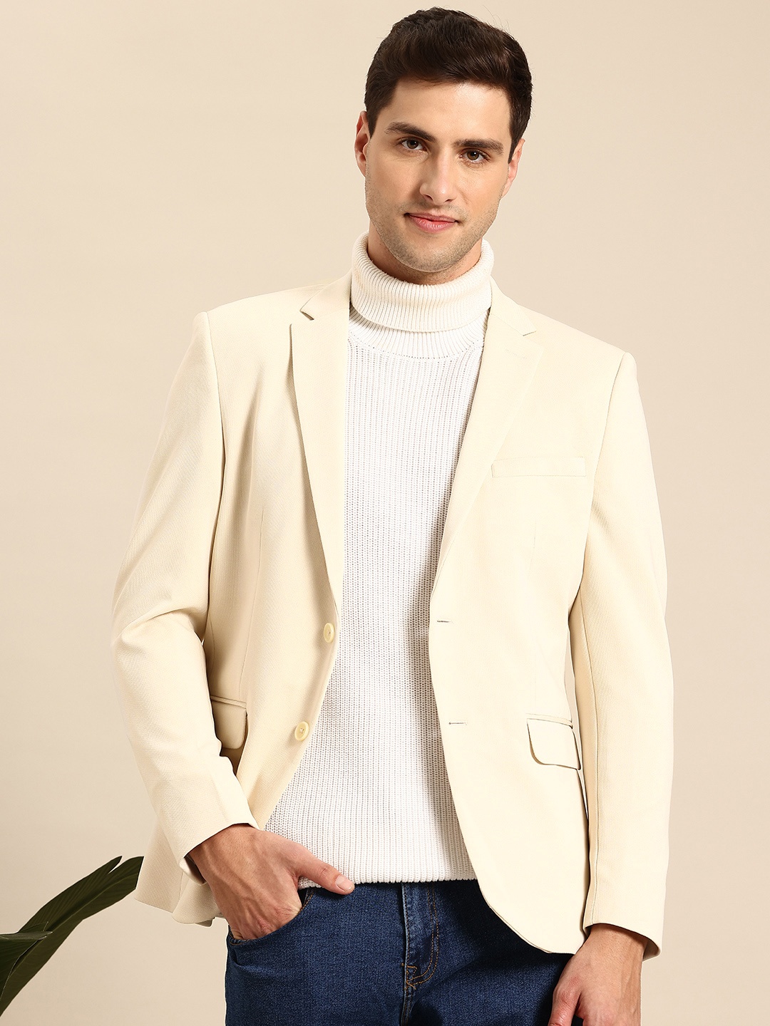 

Mast & Harbour Single-Breasted Notched Lapel Collar Blazer, Beige
