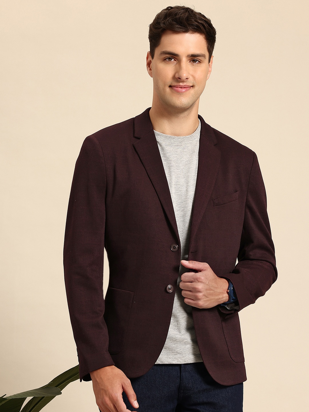 

Mast & Harbour Regular Fit Checked Single-Breasted Semi-formal Blazer, Burgundy