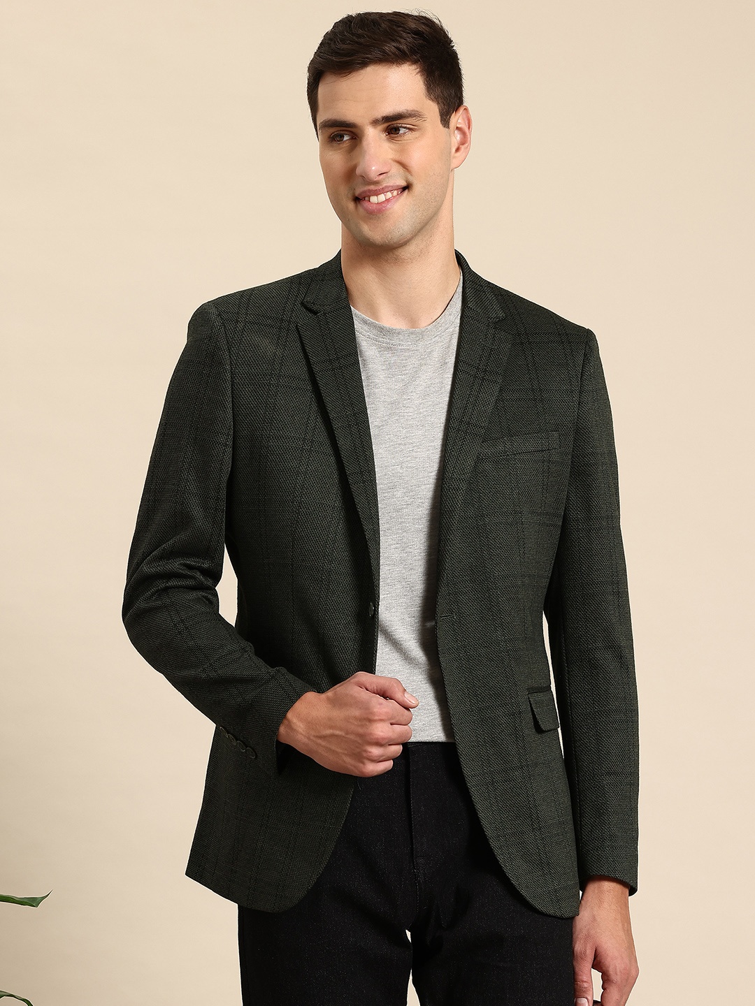 

Mast & Harbour Notched Lapel Single-Breasted Checked Blazer, Green