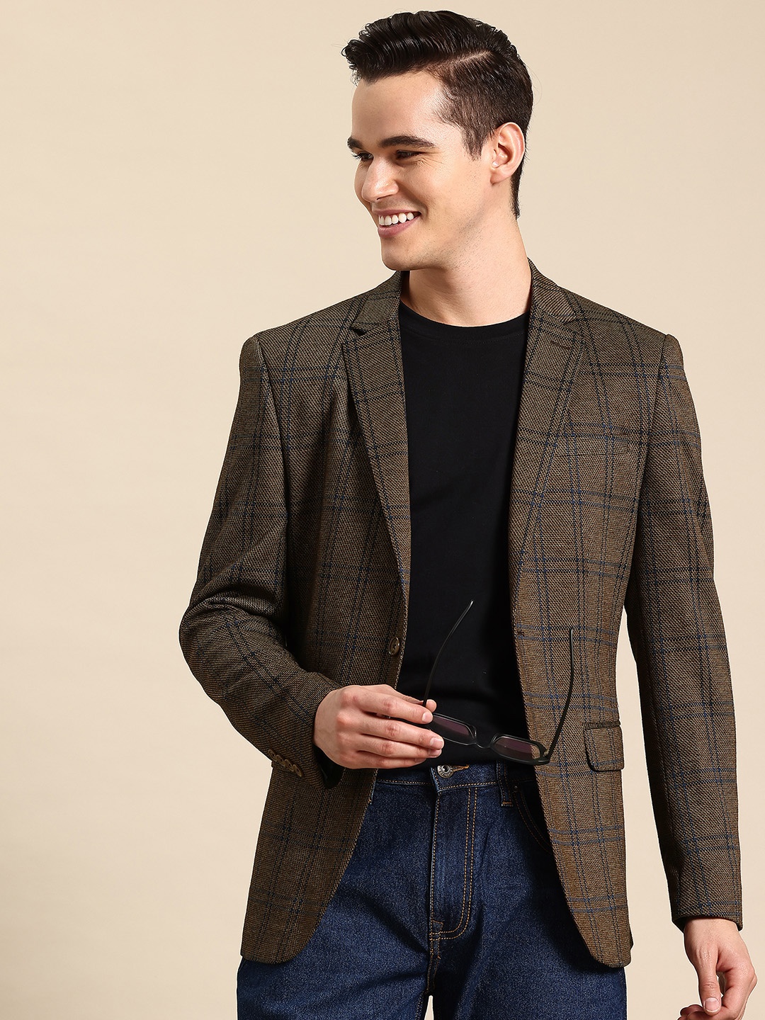 

Mast & Harbour Notched Lapel Single-Breasted Checked Blazer, Brown