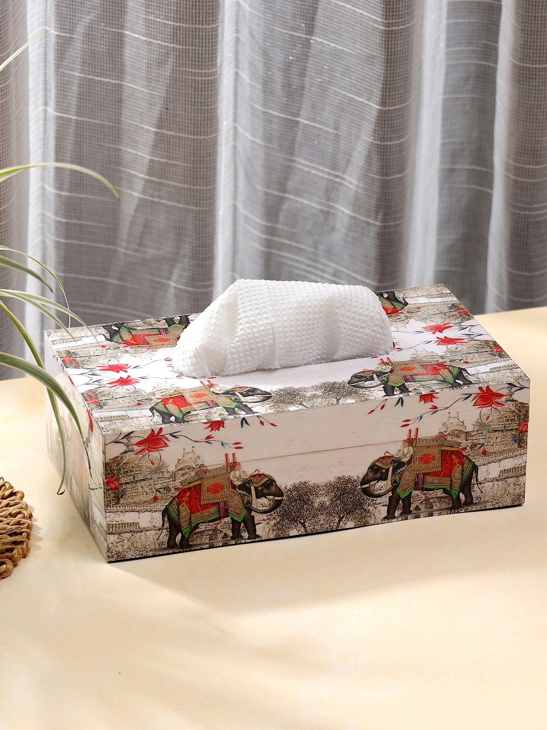 

DULI White & Green Printed Wooden Tissue Holder