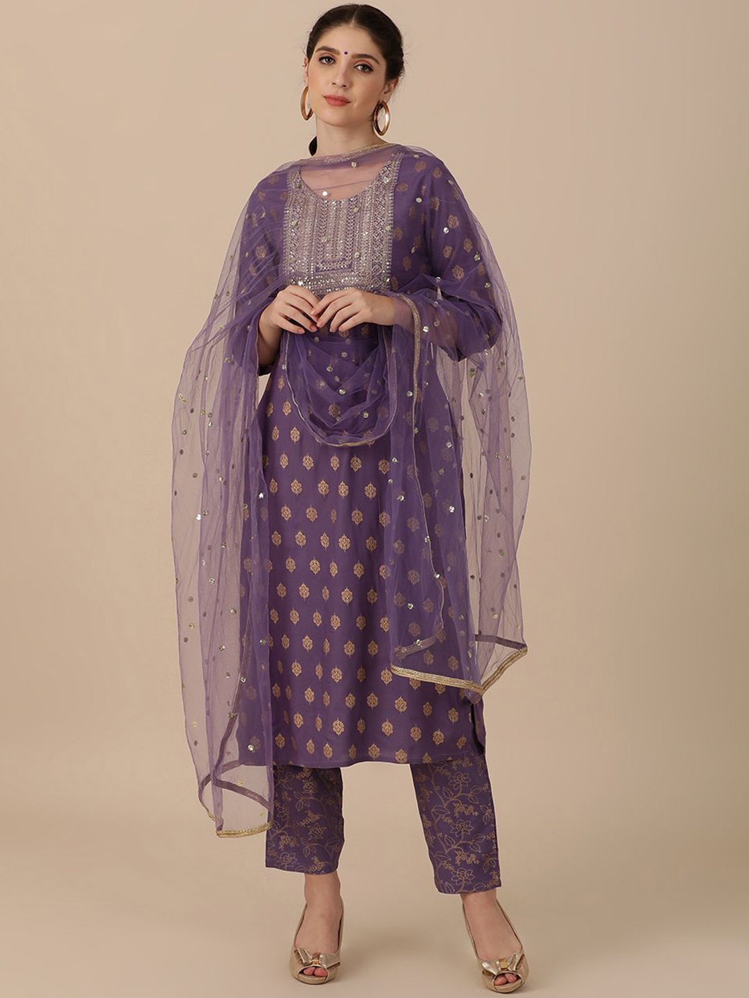 

all about you Floral Woven Design Sequinned Straight Kurta With Trousers & Dupatta, Purple