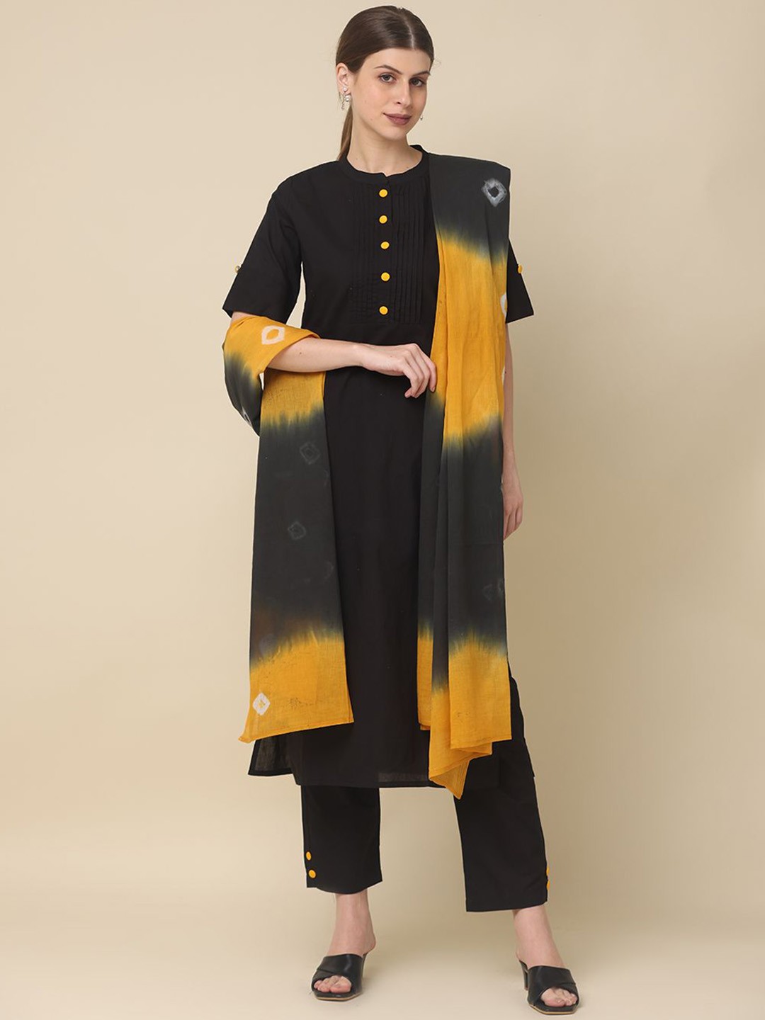 

all about you Pure Cotton Straight Kurta With Trouser & Dupatta, Black