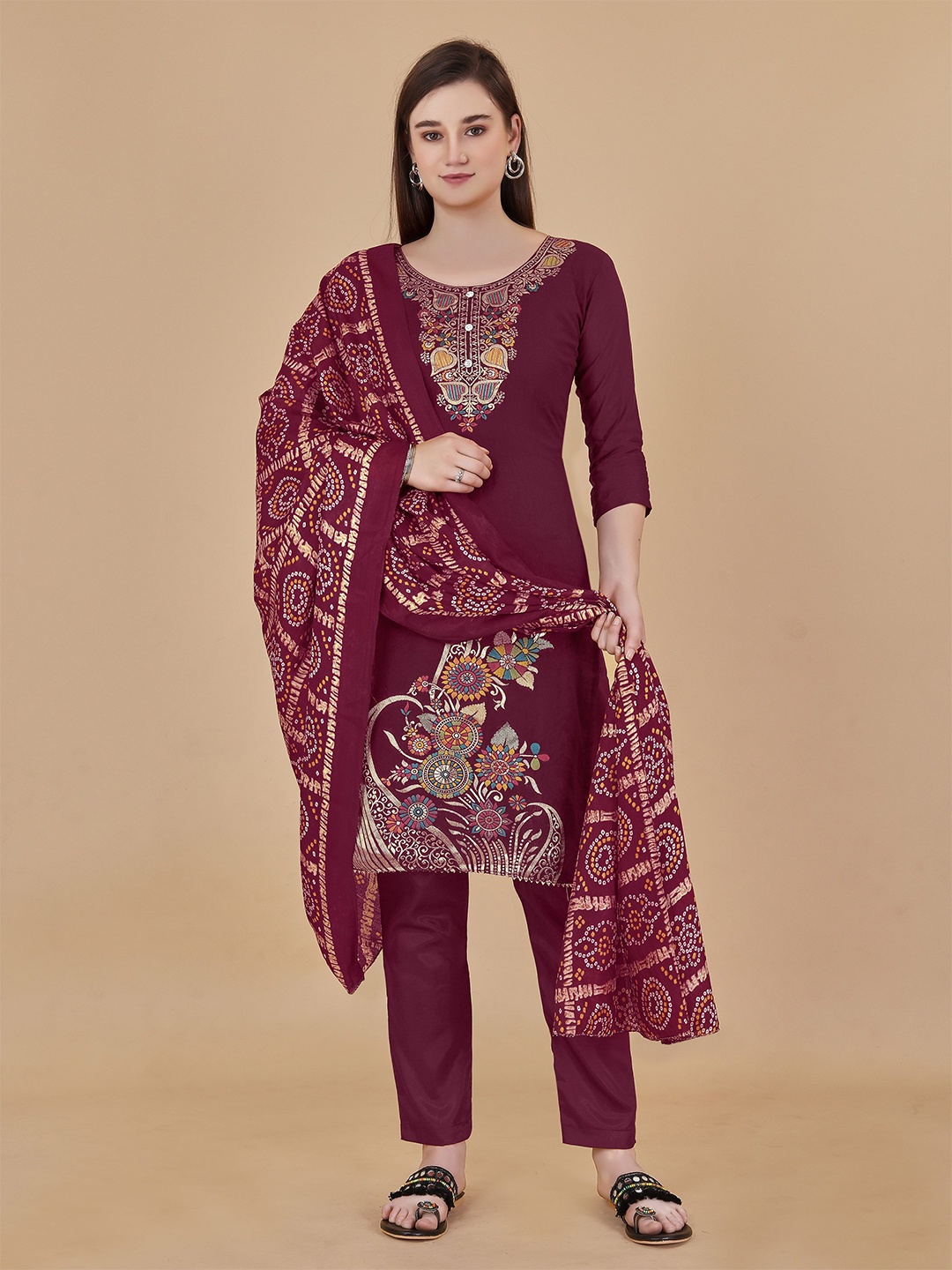

KIMISHA Floral Woven Design Zari Unstitched Dress Material, Maroon