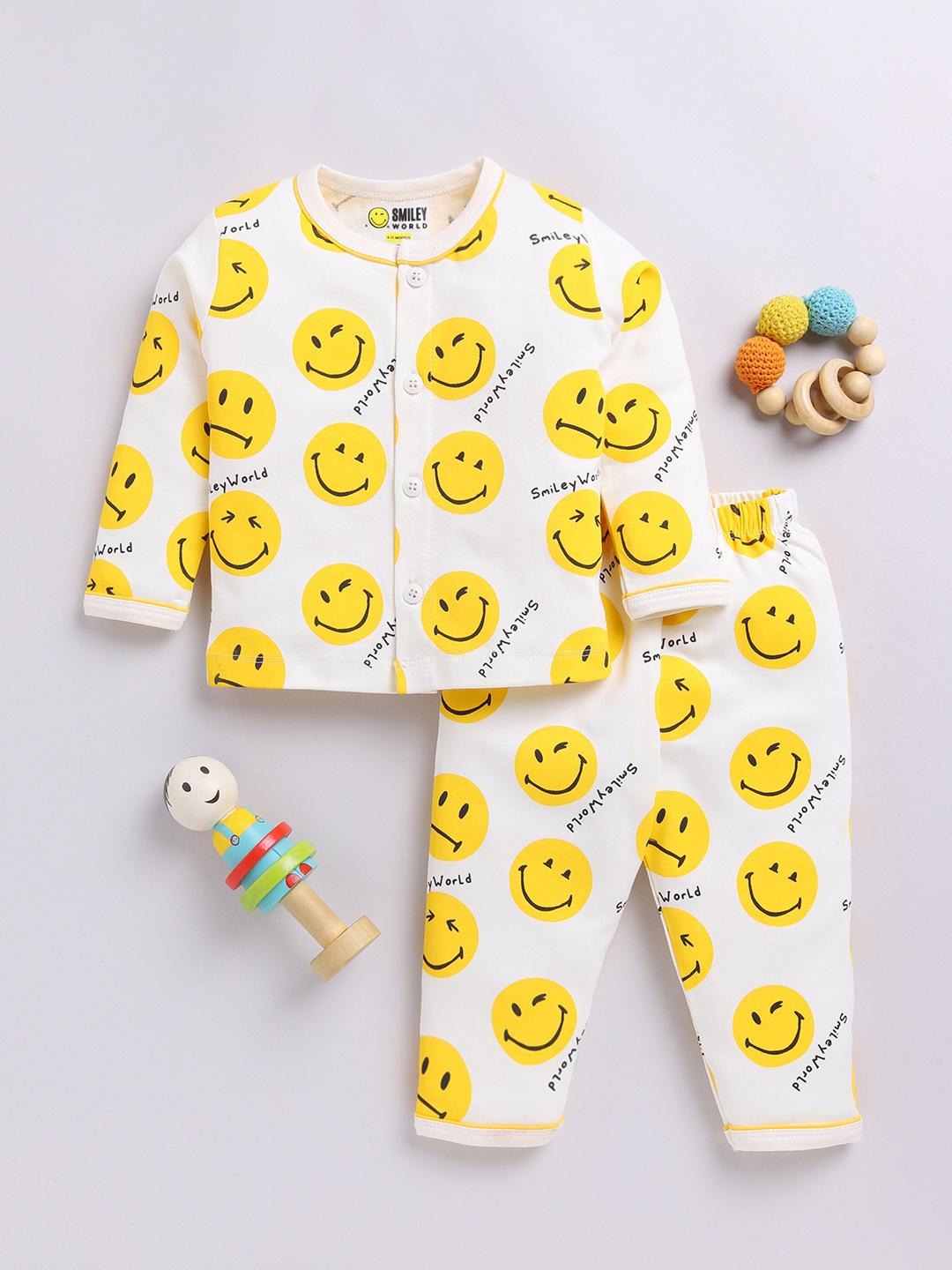 

YK X Tinyo Infant Girls Smiley Printed Pure Cotton Night suit, Off white