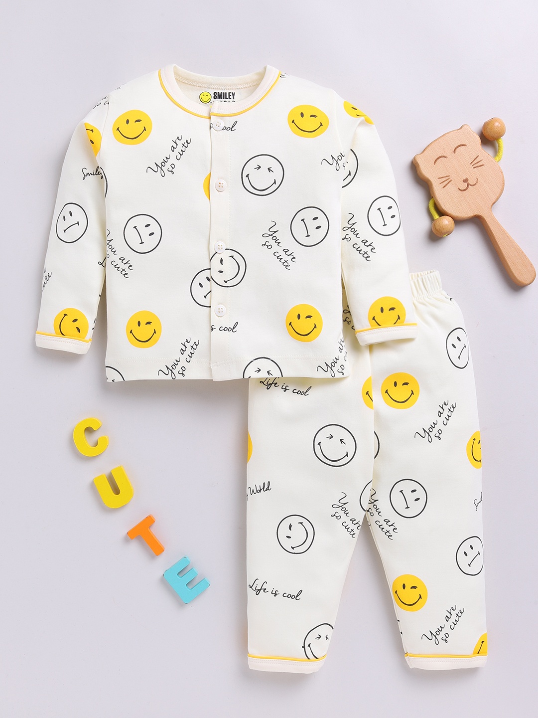 

YK X Tinyo Infants Boys Smiley Printed Night Suits, Off white