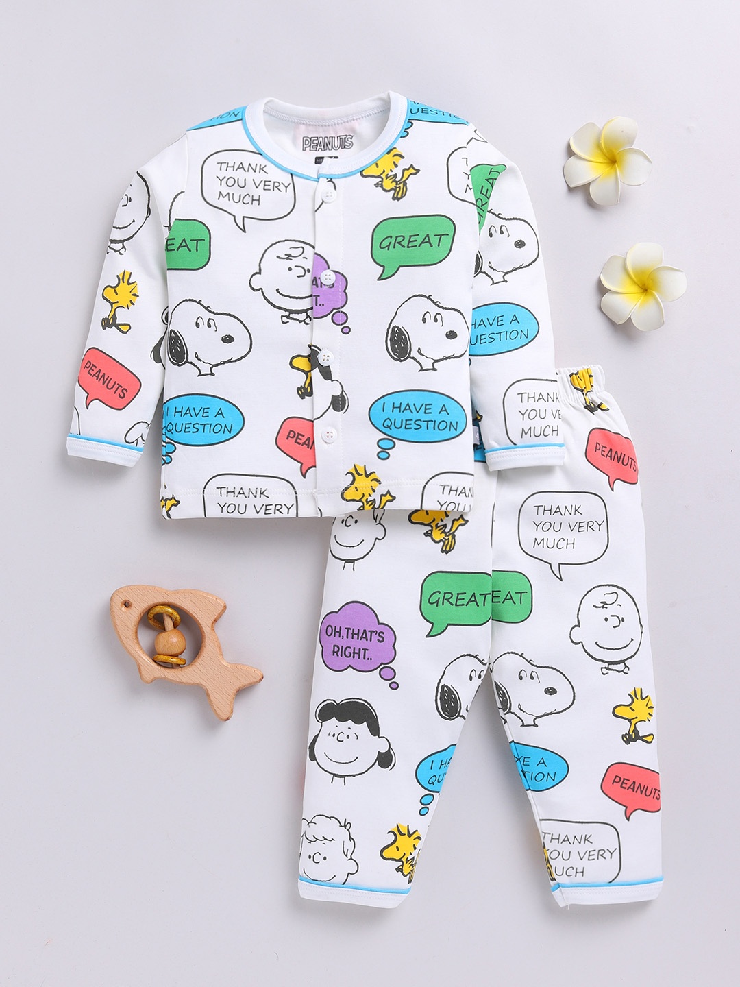 

YK X Tinyo Infant Girls Snoopy Printed Pure Cotton Night suit, Multi