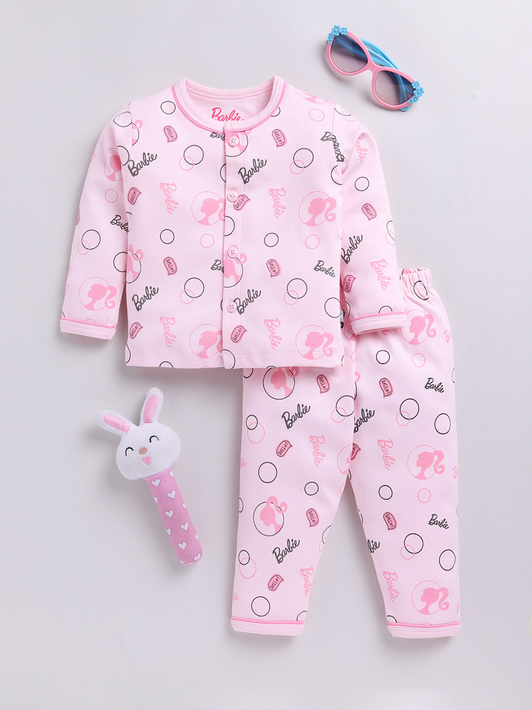 

YK X Tinyo Infant Girls Barbie Pure Cotton Printed Night suit, Pink
