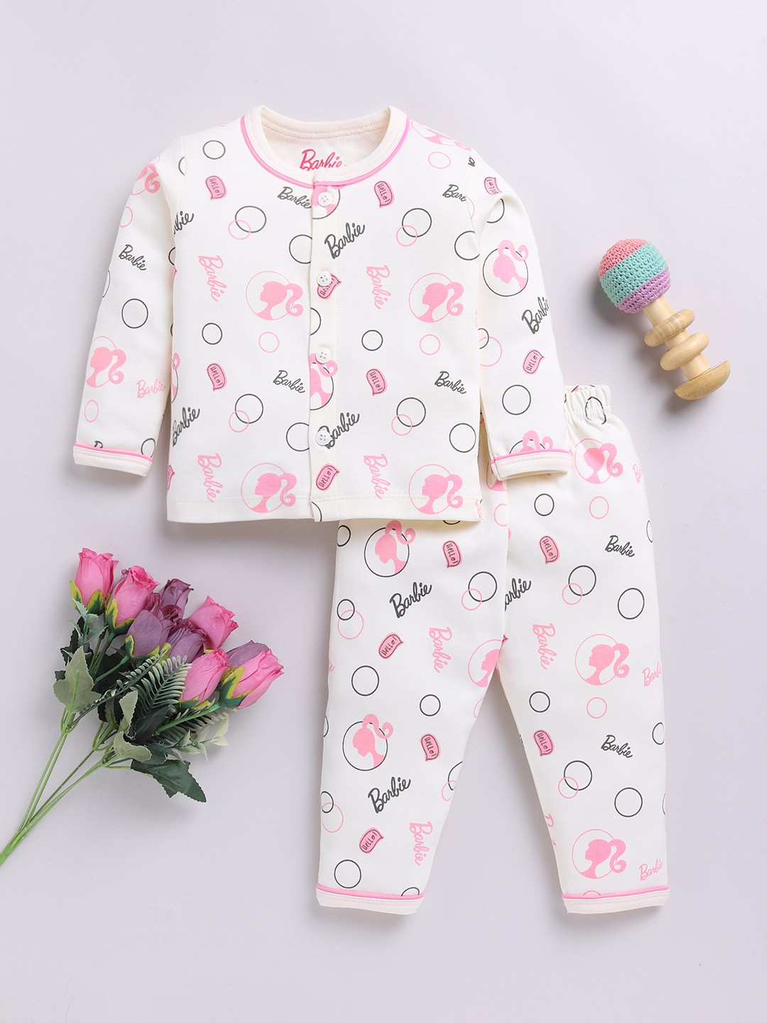 

YK X Tinyo Infant Girls Barbie Printed Pure Cotton Night suit, Off white