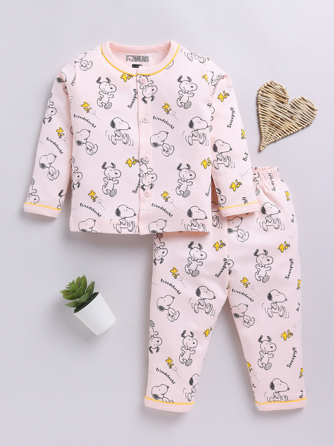 

YK X Tinyo Infant Girls Snoopy Printed Pure Cotton Night suit, Peach