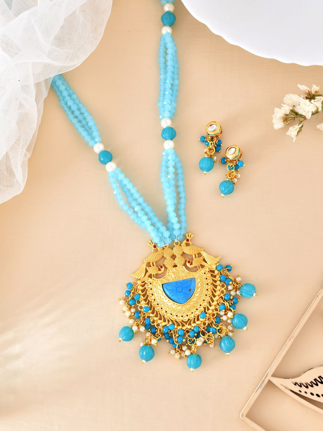 

Silvermerc Designs Gold-Plated Kundan Beaded Jewellery Set, Blue