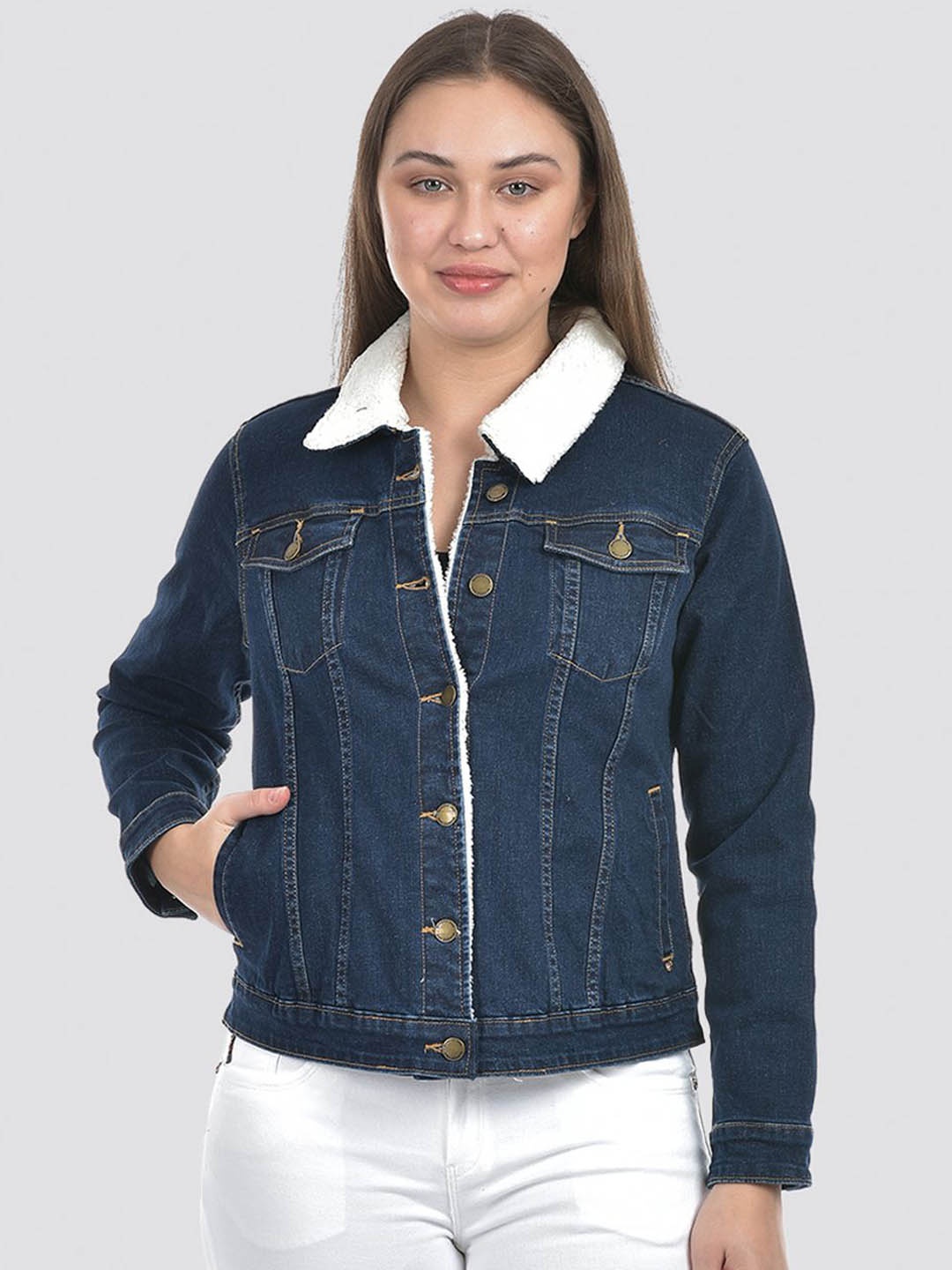 

Numero Uno Women Geometric Crop Denim Jacket, Blue