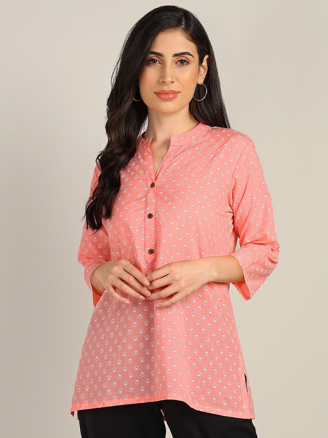 

BLOCKS OF INDIA Floral Printed Pure Cotton Kurti, Pink