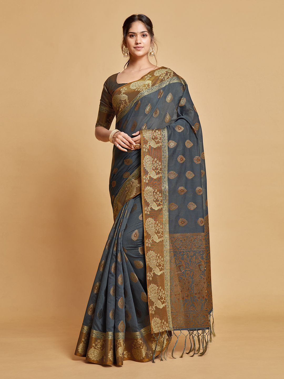 

HEER FASHION Ethnic Motifs Zari Chanderi Saree, Grey