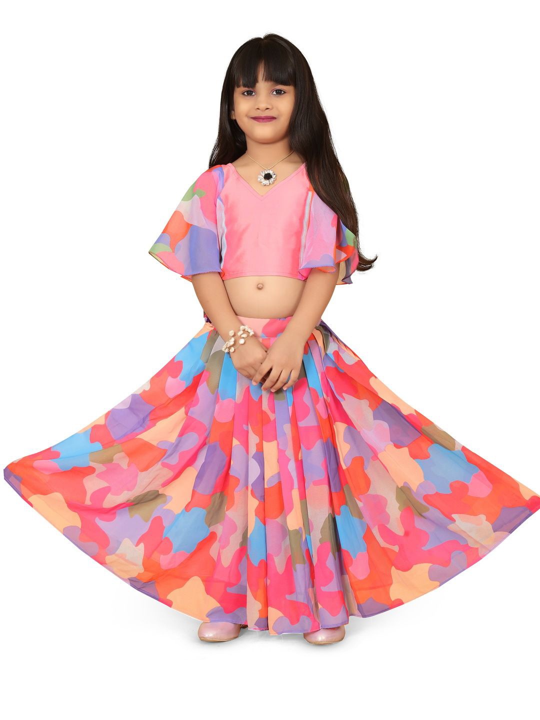 

BAESD Girls Printed V-Neck Flared Sleeves Ready to Wear Lehenga & Blouse, Pink