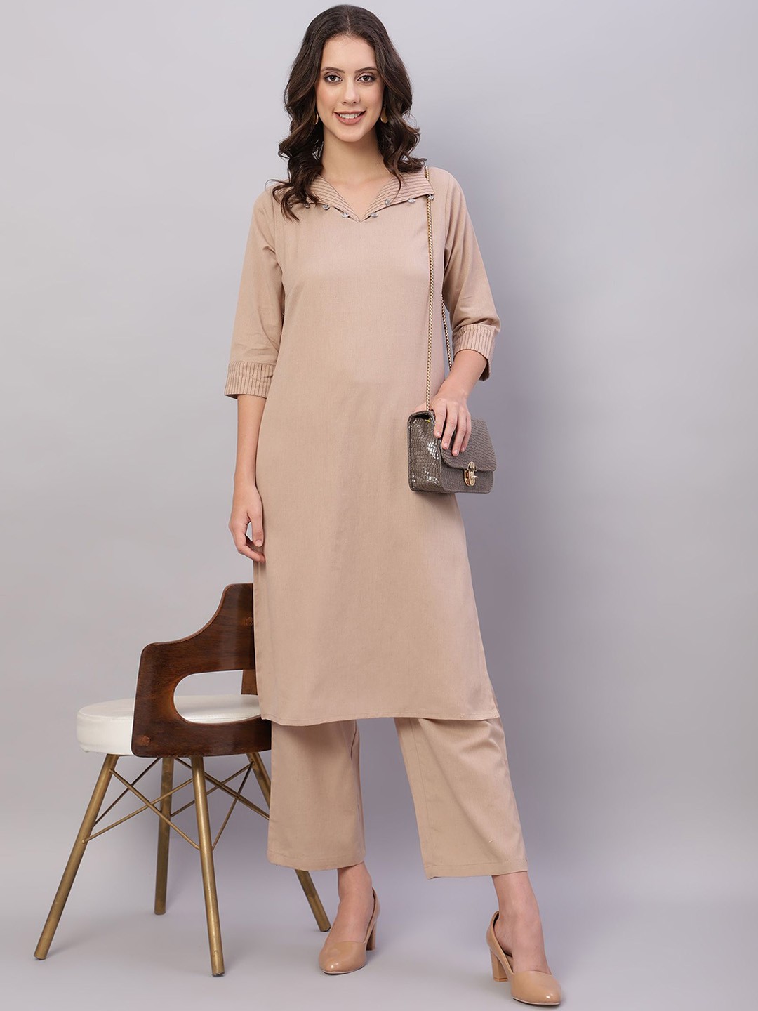 

FLAMBOYANT Pure Cotton Straight Kurta with Palazzos, Beige