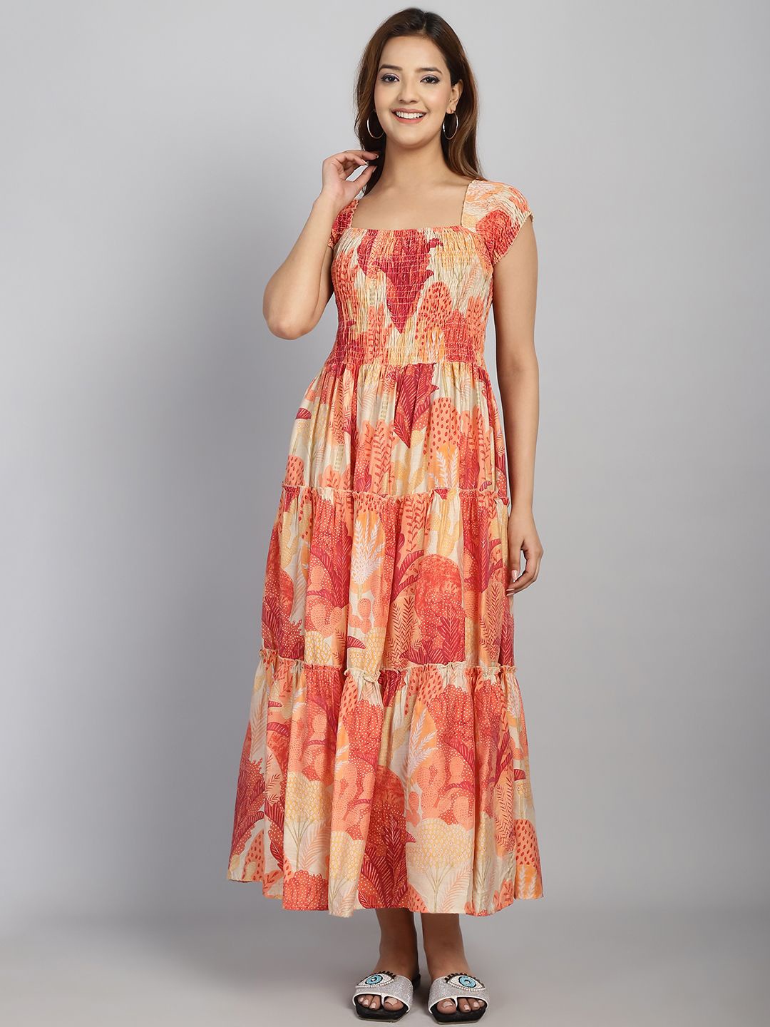 

Aawari Floral Print Cold-Shoulder Fit & Flare Midi Dress, Orange