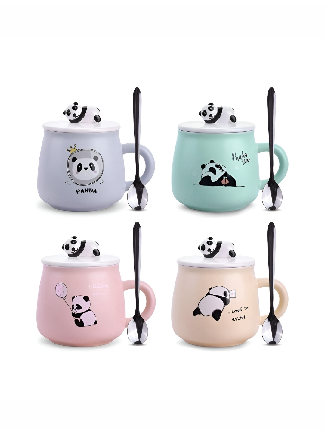 

Izzhaar Kids Blue & Pink 4 Pieces Panda Printed Ceramic Mugs With Lid & Spoons 400ml Each