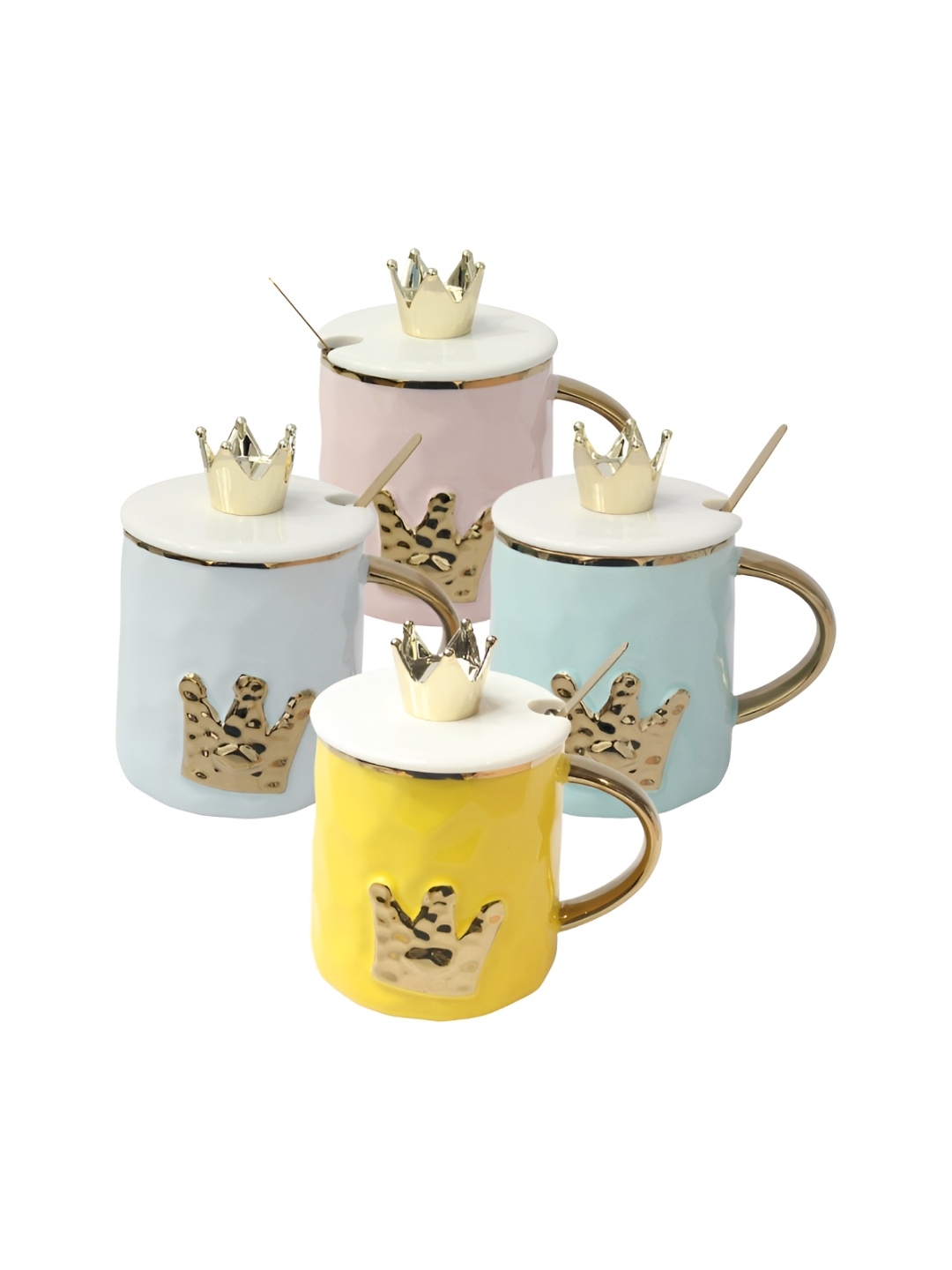 

Izzhaar Kids Yellow & White 4 Pieces Textured Ceramic Mugs With Lid & Spoons 350ml Each