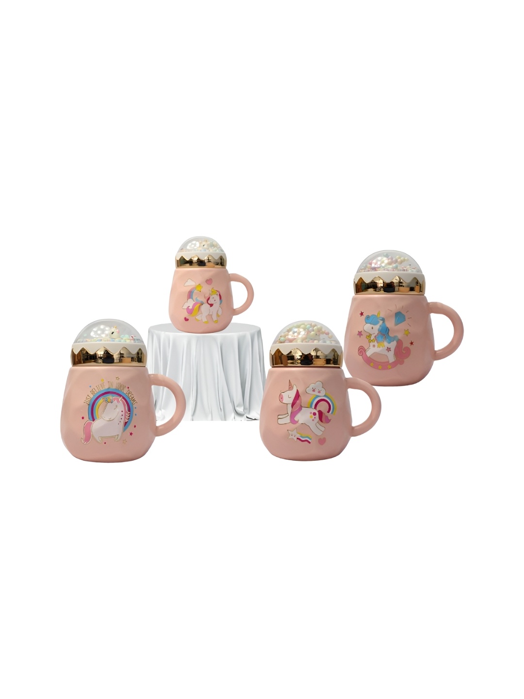 

Izzhaar Unisex Kids Pink & Gold Toned 4 Pieces Printed Ceramic Mugs With Lids 400ml Each
