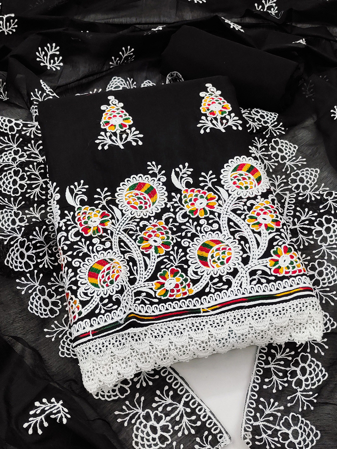 

KALINI Floral Embroidered Unstitched Dress Material, Black