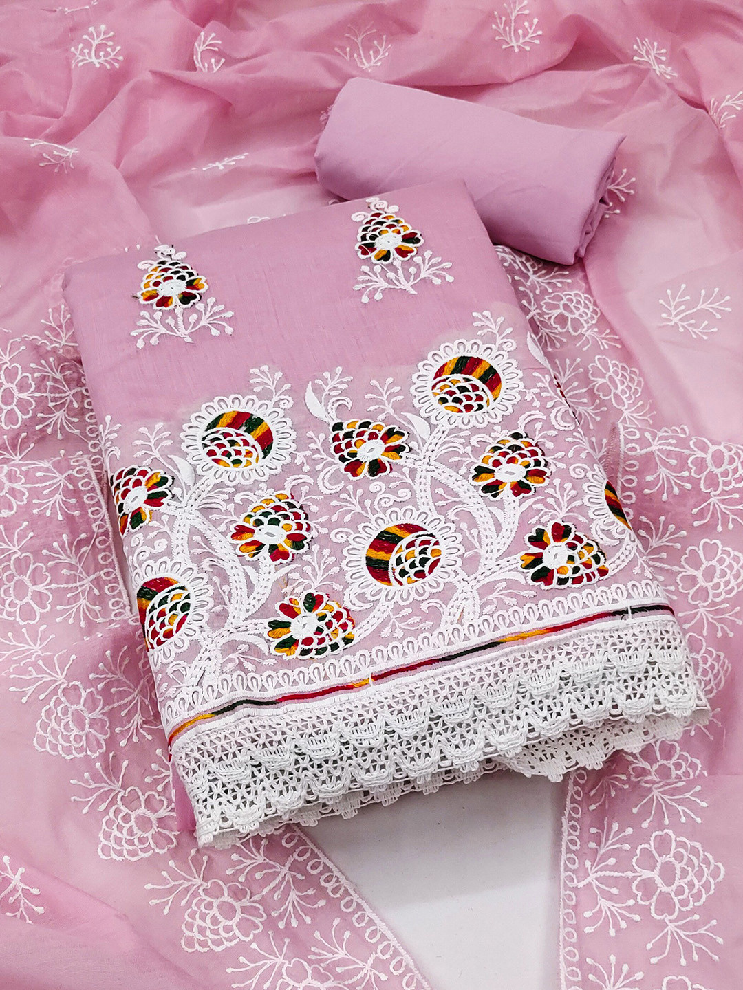 

KALINI Floral Embroidered Unstitched Dress Material, Pink