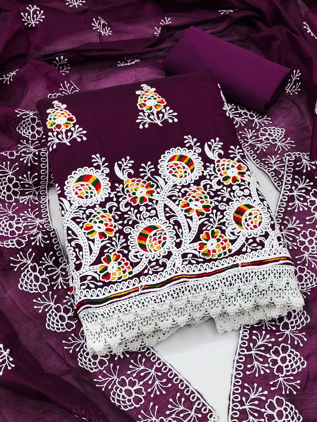 

KALINI Floral Embroidered Unstitched Dress Material, Purple
