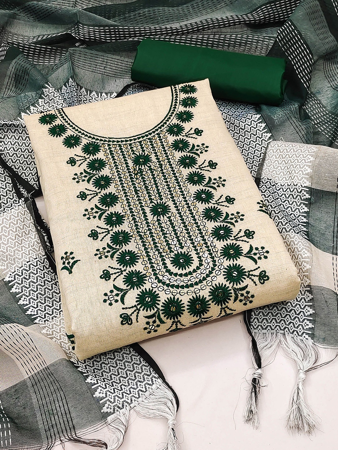 

KALINI Floral Embroidered Sequinned Unstitched Dress Material, Green