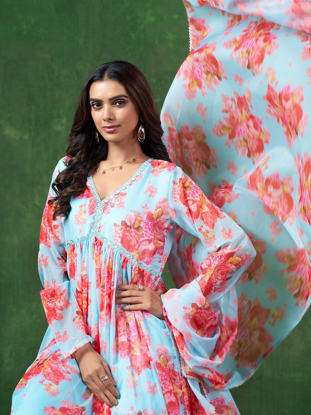 

Sangria Floral Printed Beads and Stones Empire A-Line Kurta With Trouser & Dupatta, Sea green