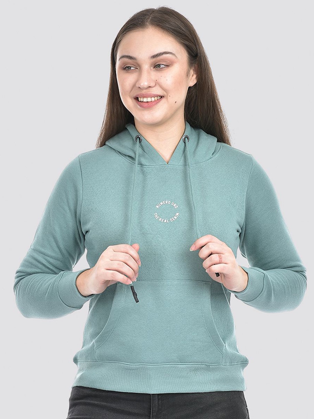 

Numero Uno Women Solid Hooded Sweatshirt, Teal