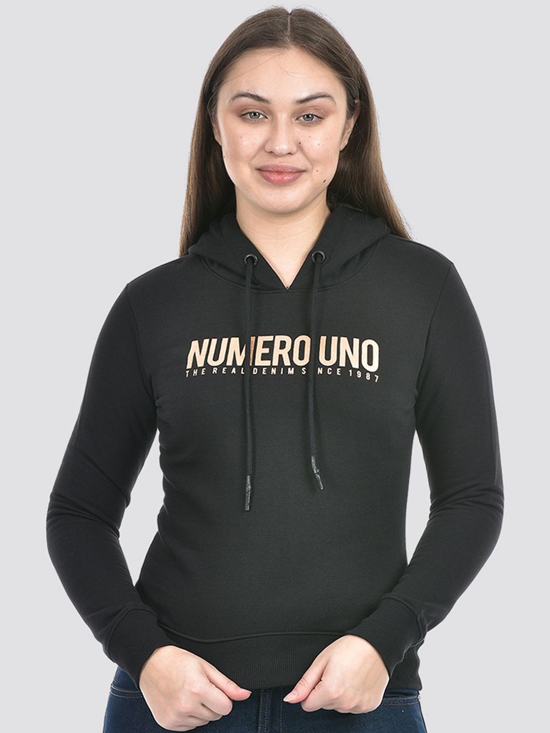 

Numero Uno Women Alphanumeric Printed Hooded Sweatshirt, Black