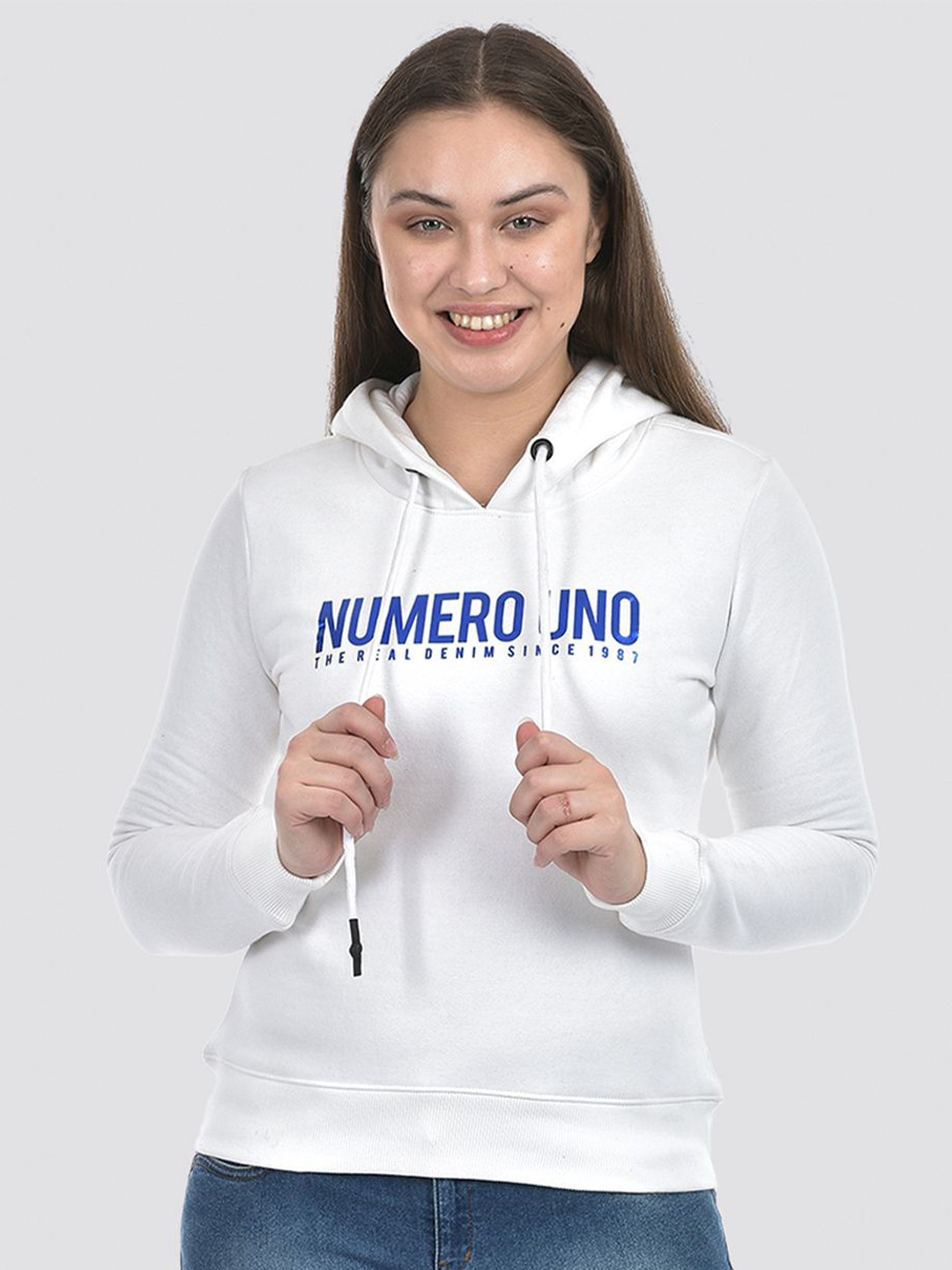 

Numero Uno Women Alphanumeric Printed Hooded Sweatshirt, White