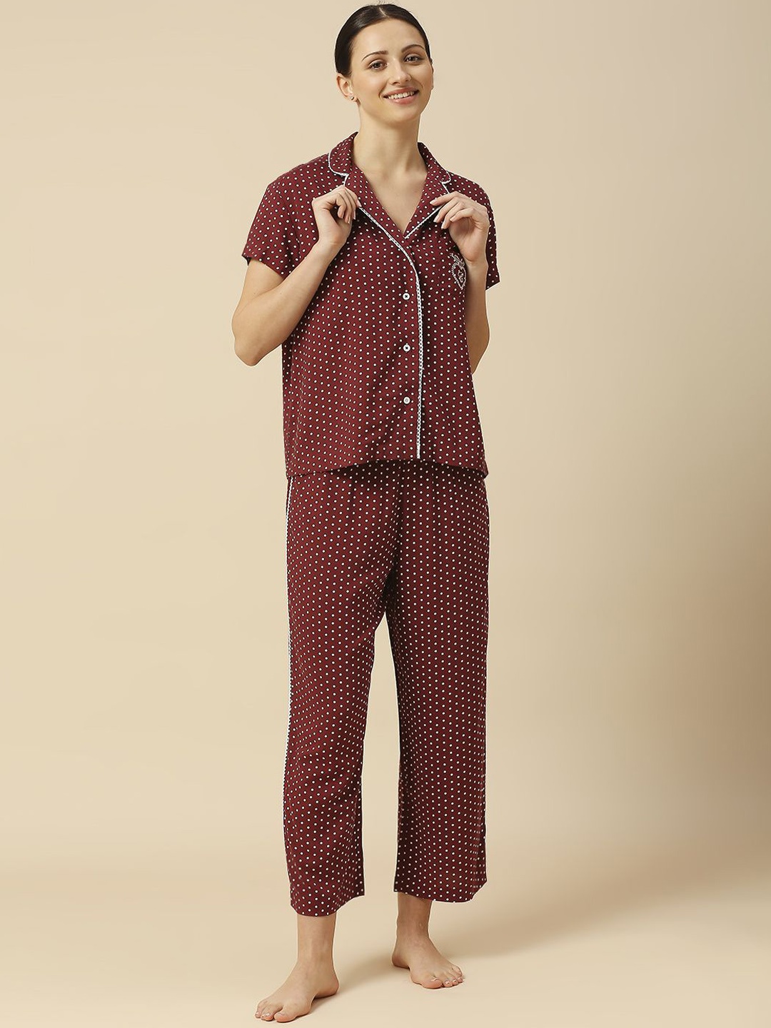 

Chemistry Polka Dots Printed Shirt With Pyjamas, Burgundy