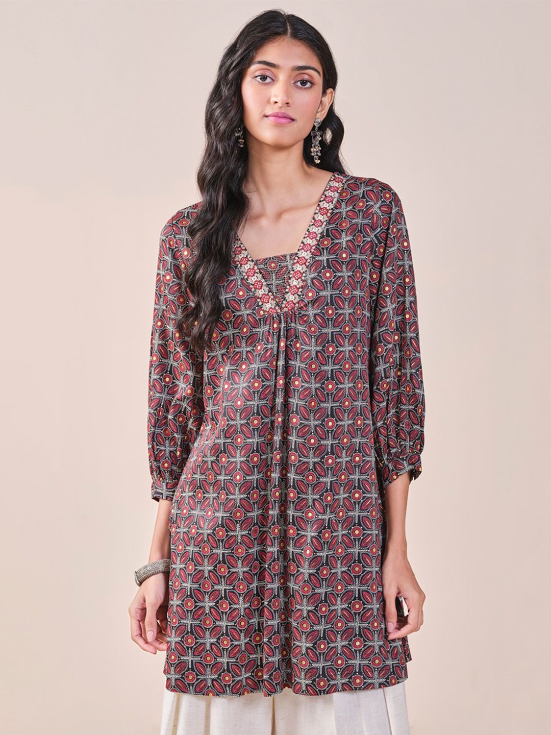 

Global Desi V-Neck Printed Tunic, Black