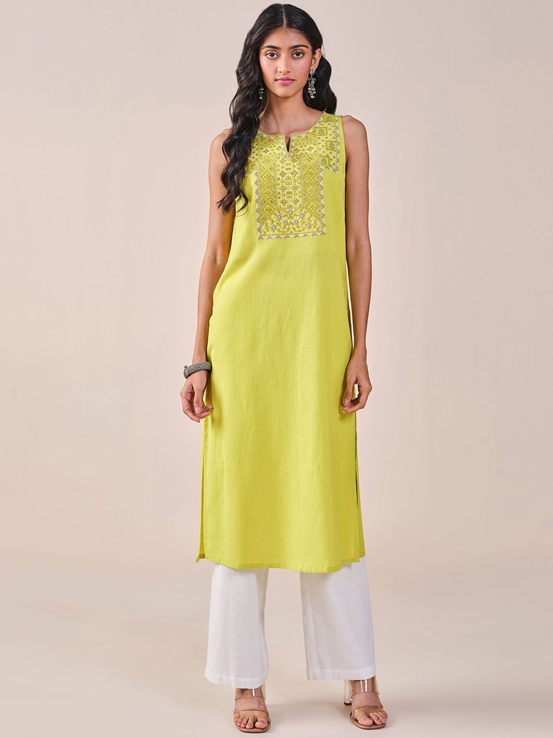 

Global Desi Floral Yoke Design Notched Neck Sleeveless Thread Work Straight Kurta, Yellow