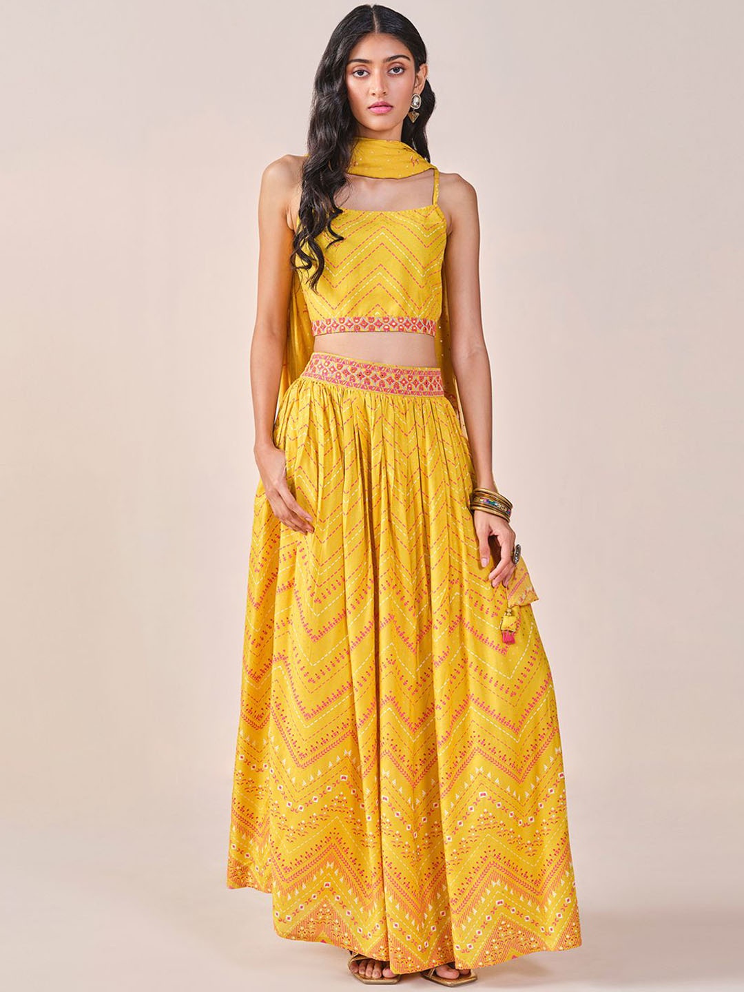

Global Desi Geometric Printed Sleeveless Top Skirt & Dupatta, Mustard