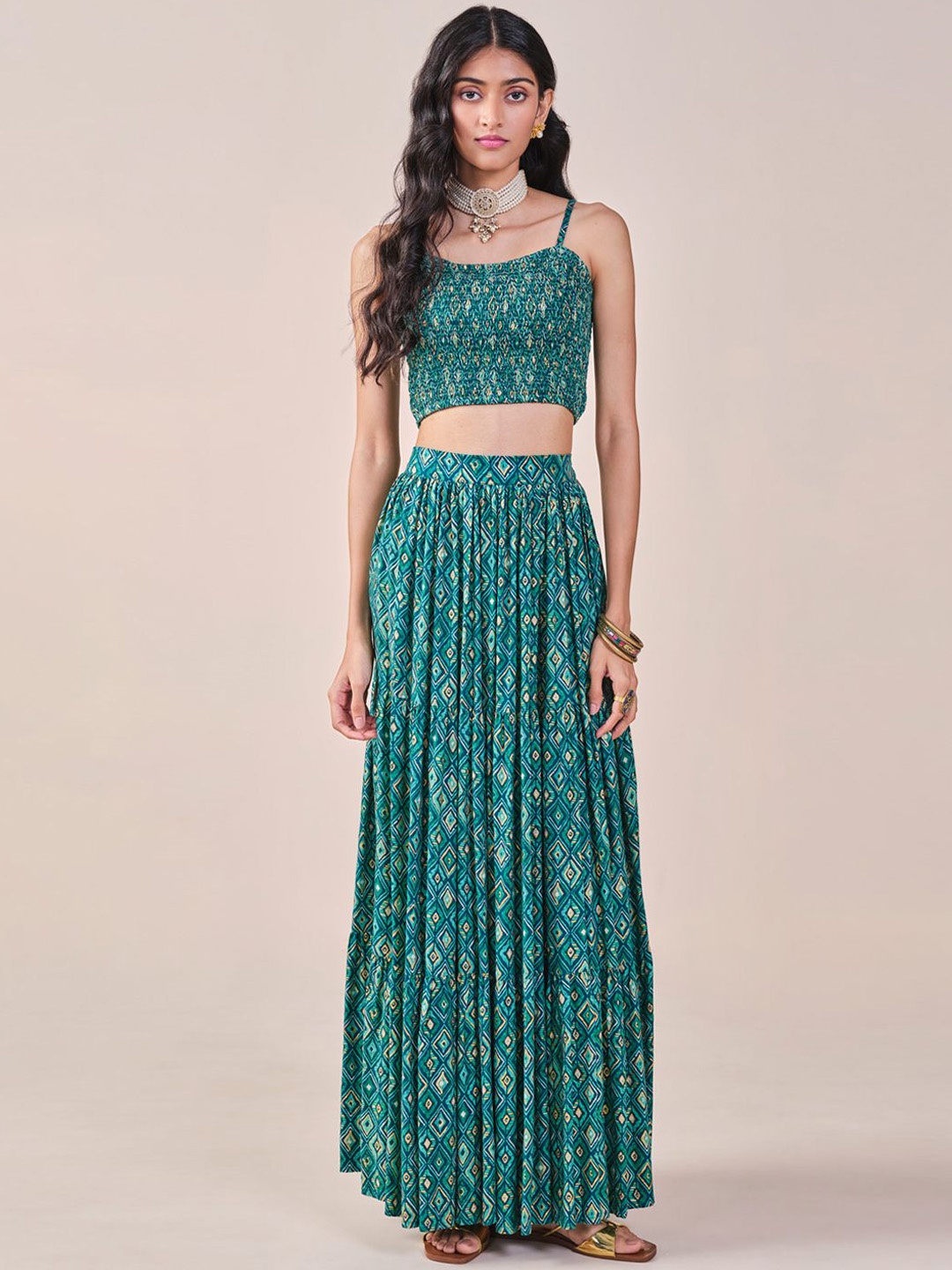 

Global Desi Geometric Printed Sleeveless Top With Skirt, Teal